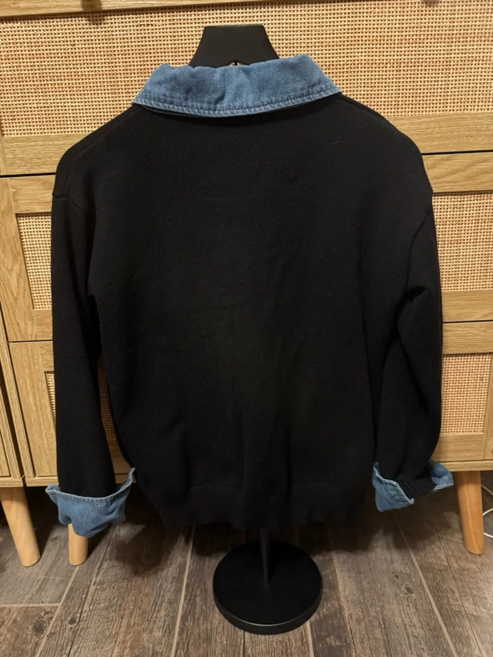 Black Crewneck Sweater with Blue Denim Collar - Picture 4 of 4